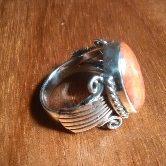 Santa Fe Style Enhanced Red Coral Sterling Silver Ring (Size 6) - Picture 4 of 15